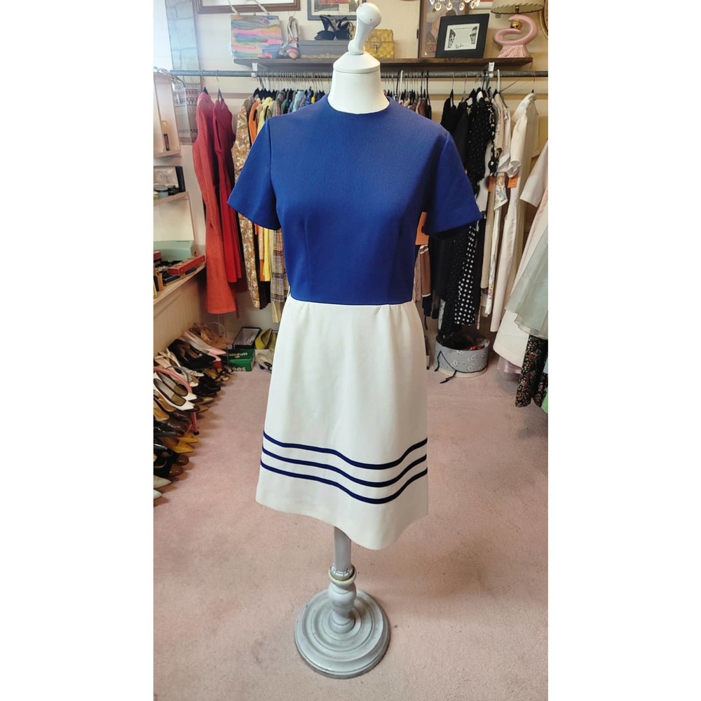 M/L 1970s blue and white poly midi dress